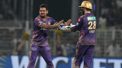 Kolkata Knight Riders' Sunil Narine and Phill Salt celebrate a wicket (AP) Kolkata Knight Riders' Sunil Narine and Phill Salt celebrate a wicket (AP)