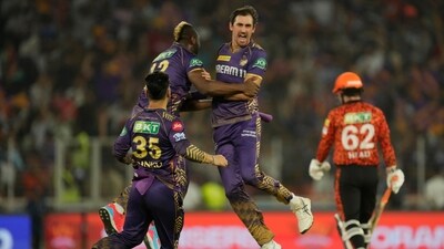 Kolkata Knight Riders' Mitchell Starc, second right, celebrates with teammates after the dismissal of Sunrisers Hyderabad's Travis Head (AP) Kolkata Knight Riders' Mitchell Starc, second right, celebrates with teammates after the dismissal of Sunrisers Hyderabad's Travis Head (AP)