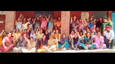 Mid-day Meal Workers Union during a meeting in Ludhiana on Sunday. (HT Photo)