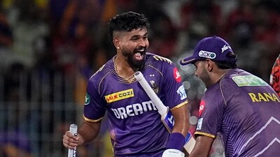 Venkatesh hit the winning runs with a single off the third ball of the 11th over and KKR thus won their first title since 2014. (PTI) Venkatesh hit the winning runs with a single off the third ball of the 11th over and KKR thus won their first title since 2014. (PTI)