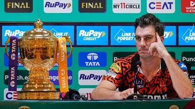 Sunrisers Hyderabad's skipper Pat Cummins with the IPL 2024 trophy during a press conference on the eve of the Indian Premier League (IPL) final match, in Chennai. (PTI) Sunrisers Hyderabad's skipper Pat Cummins with the IPL 2024 trophy during a press conference on the eve of the Indian Premier League (IPL) final match, in Chennai. (PTI)