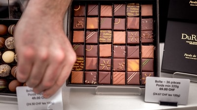A Swiss chocolate box is displayed to be sold during 'Festichoc' chocolate festival in Versoix near Geneva. (AFP)