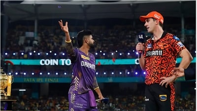IPL 2024 final: Shreyas Iyer and Pat Cummins at the toss. (X Image) IPL 2024 final: Shreyas Iyer and Pat Cummins at the toss. (X Image)