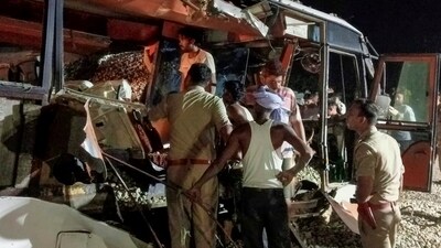 Rescue work underway after a dumper truck overturned on a bus, in Shahjahanpur, Saturday night, May 25, 2024. (PTI) Rescue work underway after a dumper truck overturned on a bus, in Shahjahanpur, Saturday night, May 25, 2024. (PTI)
