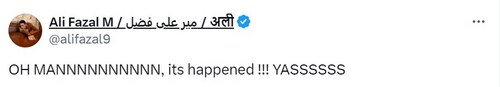 Ali Fazal also tweeted. Ali Fazal also tweeted.