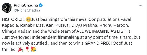 Richa Chadha called the win 'historic'. Richa Chadha called the win 'historic'.