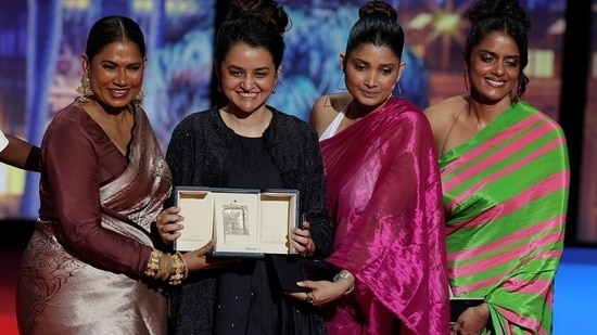Payal Kapadia with the team of All We Imagine as Light after winning Grand Prix award at Cannes Film Festival.