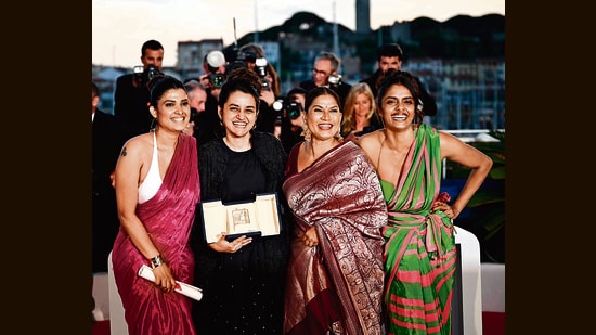 From left: Divya Prabha, Payal Kapadia, Chhaya Kadam and Kani Kusruti after winning the Grand Prix for ‘All We Imagine as Light’ in Cannes on Saturday. (AFP)