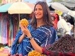 Aahana S Kumra checking out fruits at a stall in Aminabad Aahana S Kumra checking out fruits at a stall in Aminabad