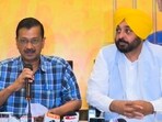Delhi chief minister and AAP convener Arvind Kejriwal and Punjab CM Bhagwant Mann during a press conference in Bathinda on Monday. (PTI)