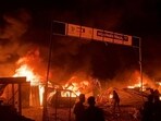Fire rages following an Israeli strike on an area designated for displaced Palestinians amid the ongoing conflict between Israel and Hamas in Rafah in the southern Gaza Strip on May 26, 2024. 