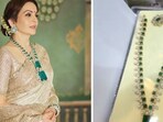 Nita Ambani (L) wore the emerald necklace with a Kanchipuram saree for Anant Ambani-Radhika Merchant pre-wedding celebrations in March, 