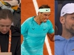 Iga Swiatek and Novak Djokovic watch Rafael Nadal play.