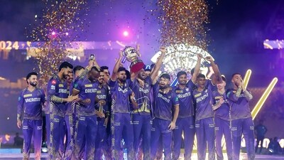 Chennai, May 26 (ANI): Kolkata Knight Riders' captain Shreyas Iyer along with teammates Andre Russell, Rinku Singh and others celebrate as they lift the Indian Premier League 2024 trophy, at MA Chidambaram Stadium in Chennai on Sunday. (ANI Photo) (ANI) Chennai, May 26 (ANI): Kolkata Knight Riders' captain Shreyas Iyer along with teammates Andre Russell, Rinku Singh and others celebrate as they lift the Indian Premier League 2024 trophy, at MA Chidambaram Stadium in Chennai on Sunday. (ANI Photo) (ANI)