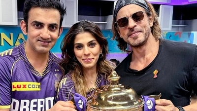 Kolkata Knight Riders (KKR) co-owner Shah Rukh Khan, team mentor Gautam Gambhir and Pooja Dadlani pose for a picture with the Indian Premier League 2024 trophy. (KKR-X) Kolkata Knight Riders (KKR) co-owner Shah Rukh Khan, team mentor Gautam Gambhir and Pooja Dadlani pose for a picture with the Indian Premier League 2024 trophy. (KKR-X)