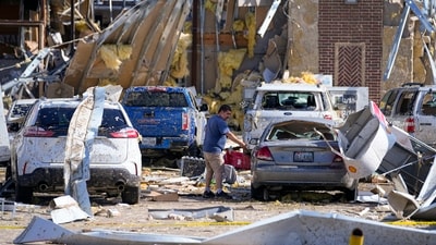 Powerful storms left a wide trail of destruction Sunday across Texas, Oklahoma and Arkansas. (AP) Powerful storms left a wide trail of destruction Sunday across Texas, Oklahoma and Arkansas. (AP)