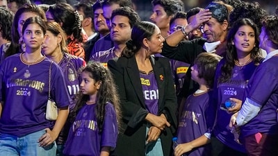 Actor and Kolkata Knight Riders (KKR) co-owner Shah Rukh Khan's family – wife Gauri Khan, daughter Suhana Khan and son AbRam Khan – chat with KKR co-owner and actor Juhi Chawla, and her daughter Jhanvi Mehta, during the presentation ceremony after the Indian Premier League (IPL) 2024 final match between KKR and Sunrisers Hyderabad at MA Chidambaram Stadium in Chennai. Actor and Kolkata Knight Riders (KKR) co-owner Shah Rukh Khan's family – wife Gauri Khan, daughter Suhana Khan and son AbRam Khan – chat with KKR co-owner and actor Juhi Chawla, and her daughter Jhanvi Mehta, during the presentation ceremony after the Indian Premier League (IPL) 2024 final match between KKR and Sunrisers Hyderabad at MA Chidambaram Stadium in Chennai.
