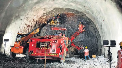 Navi Mumbai, May 27 (ANI): A 394-meter-long Additional Driven Intermediate Tunnel (ADIT) has been excavated for the Mumbai-Ahmedabad Bullet Train Project, at Ghansoli in Navi Mumbai on Monday. This will speed up the construction of the 21 km-long tunnel between BKC and Shilphata in Maharashtra. (ANI Photo) (ANI)