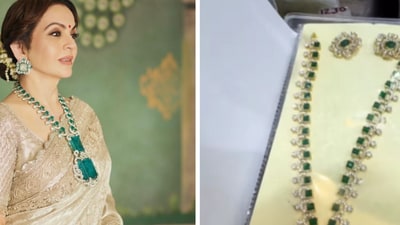 Nita Ambani (L) wore the emerald necklace with a Kanchipuram saree for Anant Ambani-Radhika Merchant pre-wedding celebrations in March, (Instagram/manishmalhotraworld, v.v.sons)