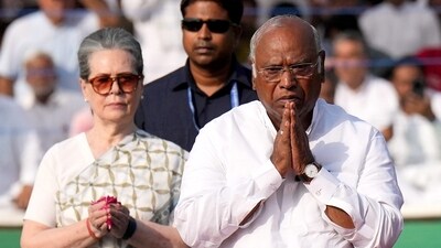 Congress National President Mallikarjun Kharge, party's Parliamentary Chairperson Sonia Gandhi along with Rajya Sabha MP Ajay Maken paid their tributes to India's first prime minister Jawaharlal Nehru on his death anniversary, at Shanti Van in New Delhi (PTI) Congress National President Mallikarjun Kharge, party's Parliamentary Chairperson Sonia Gandhi along with Rajya Sabha MP Ajay Maken paid their tributes to India's first prime minister Jawaharlal Nehru on his death anniversary, at Shanti Van in New Delhi (PTI)