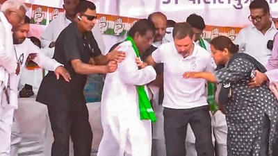 A portion of the stage partially collapsed during Congress leader Rahul Gandhi's rally in Paliganj, Bihar, on Monday. (PTI) A portion of the stage partially collapsed during Congress leader Rahul Gandhi's rally in Paliganj, Bihar, on Monday. (PTI)