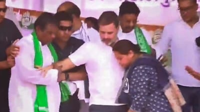 In the picture, Rahul Gandhi was seen walking on the stage when the structure suddenly collapsed, with Misa Bharti holding his hand. (PTI) In the picture, Rahul Gandhi was seen walking on the stage when the structure suddenly collapsed, with Misa Bharti holding his hand. (PTI)