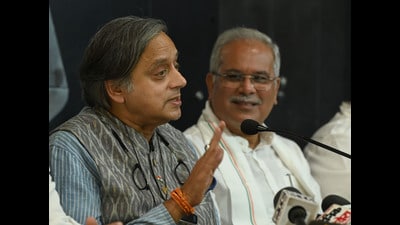Senior Congress leader Shashi Tharoor, along with former Chhattisgarh CM Bhupesh Baghel, interacting with the media at Chandigarh Press Club on Monday. (Ravi Kumar/HT) Senior Congress leader Shashi Tharoor, along with former Chhattisgarh CM Bhupesh Baghel, interacting with the media at Chandigarh Press Club on Monday. (Ravi Kumar/HT)