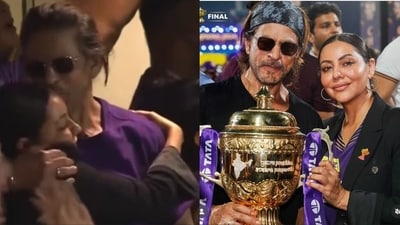 Shah Rukh Khan kissed wife Gauri Khan after KKR won IPL match. Shah Rukh Khan kissed wife Gauri Khan after KKR won IPL match.
