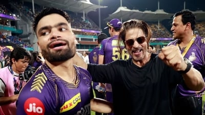 Shah Rukh Khan and Rinku Singh share a special moment after IPL title triumph. (BCCI Image) Shah Rukh Khan and Rinku Singh share a special moment after IPL title triumph. (BCCI Image)
