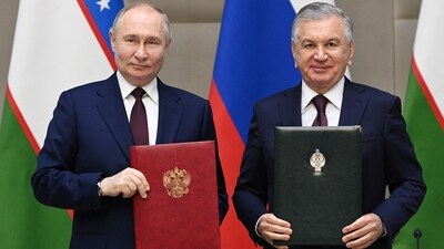Russian President Vladimir Putin and Uzbek President Shavkat Mirziyoyev (via REUTERS)