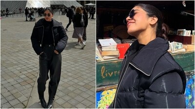In this post, captioned, "Bhumi thrives in Parisian vibes #ParisianAfternoon," the actor can be seen enjoying a day outing in Paris, dressed in baggy leather pants, a black bodysuit, and a cropped jacket. (Instagram) In this post, captioned, "Bhumi thrives in Parisian vibes #ParisianAfternoon," the actor can be seen enjoying a day outing in Paris, dressed in baggy leather pants, a black bodysuit, and a cropped jacket. (Instagram)