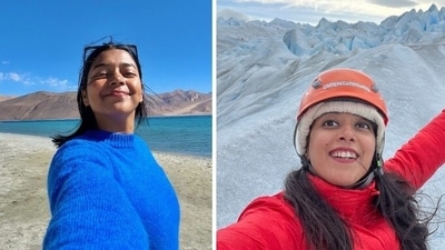 By the picturesque Pangong Lake and in icy Patagonia ( Left pic: Rajani Dhar, Right pic: Anusha Rao) By the picturesque Pangong Lake and in icy Patagonia ( Left pic: Rajani Dhar, Right pic: Anusha Rao)