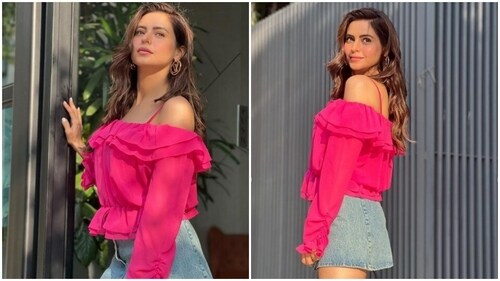 Aamna Sharif radiates summer fashion vibes in bright pink ruffle top and denim shorts. (Instagram/@aamnasharifofficial)