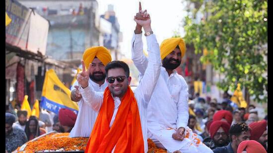 AAP MP Raghav Chadha during a roadshow in Fatehgarh Sahib constituency on Monday. (PTI)