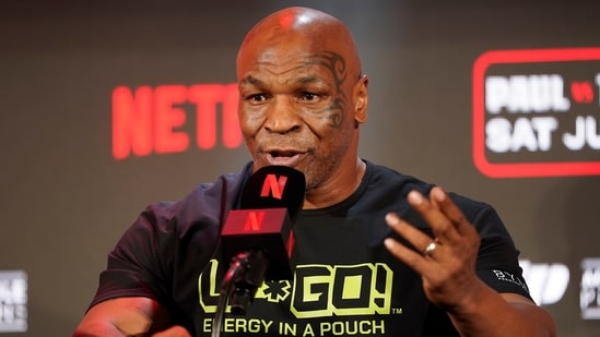 Mike Tyson speaks during a news conference promoting his upcoming boxing bout against Jake Paul, Thursday, May 16, 2024, in Arlington, Texas. The fight is scheduled for July 20. (AP)
