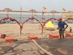 A man cleaning the stairs at a ghat before daily ‘aarti’ on the bank of the Ganga, said to be the lifeline of Varanasi. (Gaurav Saigal/HT Photo) A man cleaning the stairs at a ghat before daily ‘aarti’ on the bank of the Ganga, said to be the lifeline of Varanasi. (Gaurav Saigal/HT Photo)