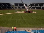 A general view shows the Nassau county International Cricket Stadium for the upcoming ICC Men's T20 World Cup in Eisenhower Park A general view shows the Nassau county International Cricket Stadium for the upcoming ICC Men's T20 World Cup in Eisenhower Park