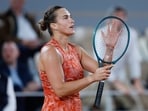 Aryna Sabalenka of Belarus celebrates winning her first round match of the French Open tennis tournament against Russia's Erika Andreeva at the Roland Garros