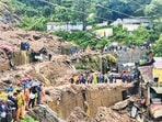 Rescue work underway at the site of the quarry collapse in Aizawl on Tuesday. (PTI) Rescue work underway at the site of the quarry collapse in Aizawl on Tuesday. (PTI)