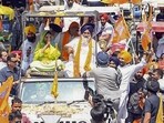 Shiromani Akali Dal (SAD) leaders Harsimrat Kaur Badal and Sukhbir Singh Badal during a road show ahead of the Lok Sabha polls, in Mansa on Wednesday. (PTI)(HT_PRINT)