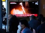 A news program broadcasts a file image of a rocket launch by North Korea, at the Seoul Railway Station in Seoul, South Korea, Tuesday, May 28, 2024. A news program broadcasts a file image of a rocket launch by North Korea, at the Seoul Railway Station in Seoul, South Korea, Tuesday, May 28, 2024.