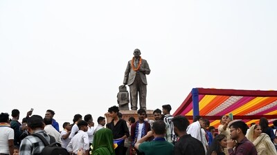 Noida, India- April 14, 2024: People seen on the occasion of the 133th birth anniversary of Dalit icon BR Ambedkar at Rashtriya Dalit Prerna Sthal, sector 95, in Noida, India, on Sunday, April 14, 2024. (Photo by Sunil Ghosh / Hindustan Times) Noida, India- April 14, 2024: People seen on the occasion of the 133th birth anniversary of Dalit icon BR Ambedkar at Rashtriya Dalit Prerna Sthal, sector 95, in Noida, India, on Sunday, April 14, 2024. (Photo by Sunil Ghosh / Hindustan Times)