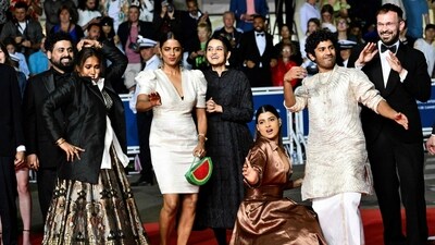 Chhaya Kadam, Kani Kusruti, Payal Kapadia, Divya Prabha, Hridhu Haroon dance as they arrive for the screening of the film All We Imagine as Light at the Cannes Film Festival. (AFP) Chhaya Kadam, Kani Kusruti, Payal Kapadia, Divya Prabha, Hridhu Haroon dance as they arrive for the screening of the film All We Imagine as Light at the Cannes Film Festival. (AFP)