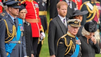 King Charles III, front right, Camilla, the Queen Consort, Prince Harry and Prince William watch as the coffin of Queen Elizabeth II is placed into the hearse following the state funeral service in Westminster Abbey in central London Monday Sept. 19, 2022. (AP Photo/Martin Meissner, Pool, File) (AP) King Charles III, front right, Camilla, the Queen Consort, Prince Harry and Prince William watch as the coffin of Queen Elizabeth II is placed into the hearse following the state funeral service in Westminster Abbey in central London Monday Sept. 19, 2022. (AP Photo/Martin Meissner, Pool, File) (AP)
