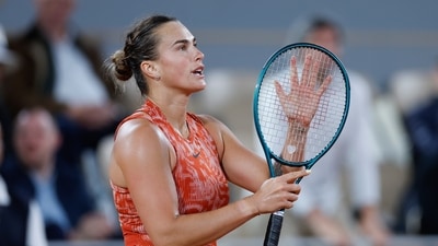 Aryna Sabalenka of Belarus celebrates winning her first round match of the French Open tennis tournament against Russia's Erika Andreeva at the Roland Garros (AP) Aryna Sabalenka of Belarus celebrates winning her first round match of the French Open tennis tournament against Russia's Erika Andreeva at the Roland Garros (AP)