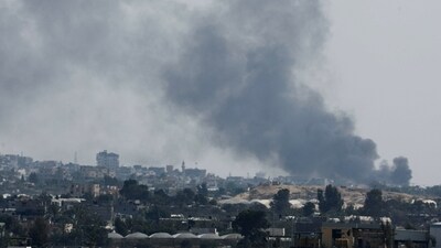 Smoke rises following Israeli strikes during an Israeli military operation in Rafah, as seen from Khan Younis, in the southern Gaza Strip. (Reuters)
