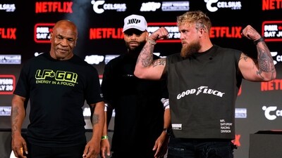 Mike Tyson, left, and Jake Paul, right, pose for photos during a news conference promoting their upcoming boxing bout, Thursday, May 16, 2024, in Arlington, Texas. The fight is schedule for July 20. (AP Photo/Sam Hodde) (AP) Mike Tyson, left, and Jake Paul, right, pose for photos during a news conference promoting their upcoming boxing bout, Thursday, May 16, 2024, in Arlington, Texas. The fight is schedule for July 20. (AP Photo/Sam Hodde) (AP)