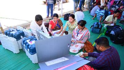 Polling officials check EVMs and other voting materials at a distribution centre in Odisha. (CEO Odisha-X) Polling officials check EVMs and other voting materials at a distribution centre in Odisha. (CEO Odisha-X)