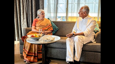Union finance minister Nirmala Sitharaman with Punjab BJP president Sunil Jakhar in Ludhiana on Tuesday. (PTI)