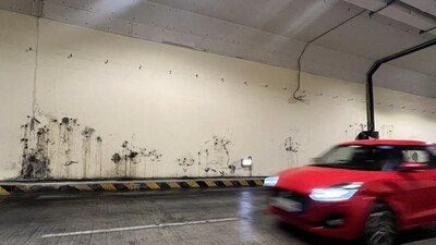 Water leakage was reported inside the newly constructed tunnel of the Mumbai coastal road on Monday. (Bhushan Koyande/HT Photo) Water leakage was reported inside the newly constructed tunnel of the Mumbai coastal road on Monday. (Bhushan Koyande/HT Photo)